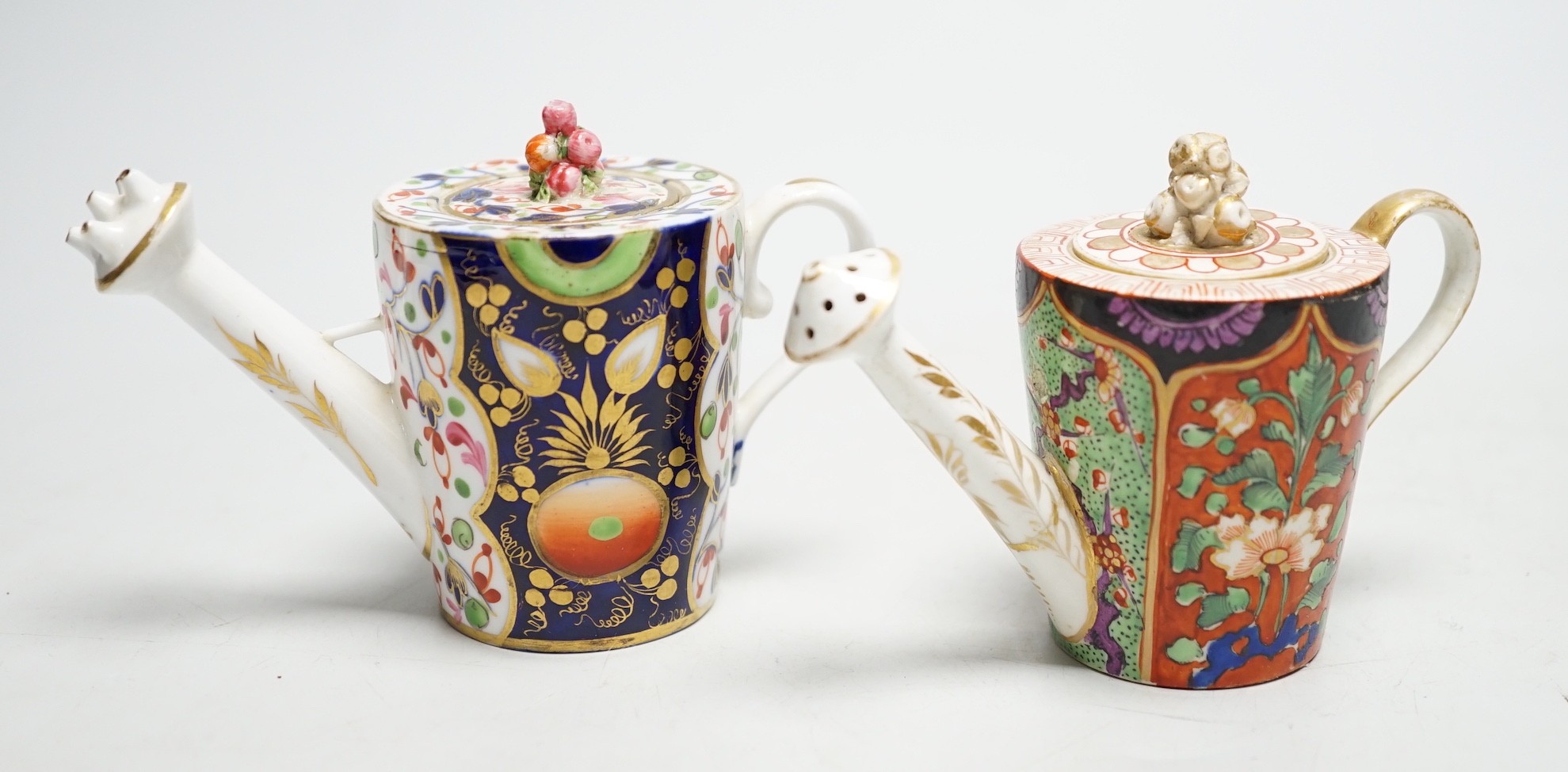 Toy porcelain: Two Derby Japan pattern rosewater sprinklers, c.1815, each modelled in the form of a watering can. 7cm tall